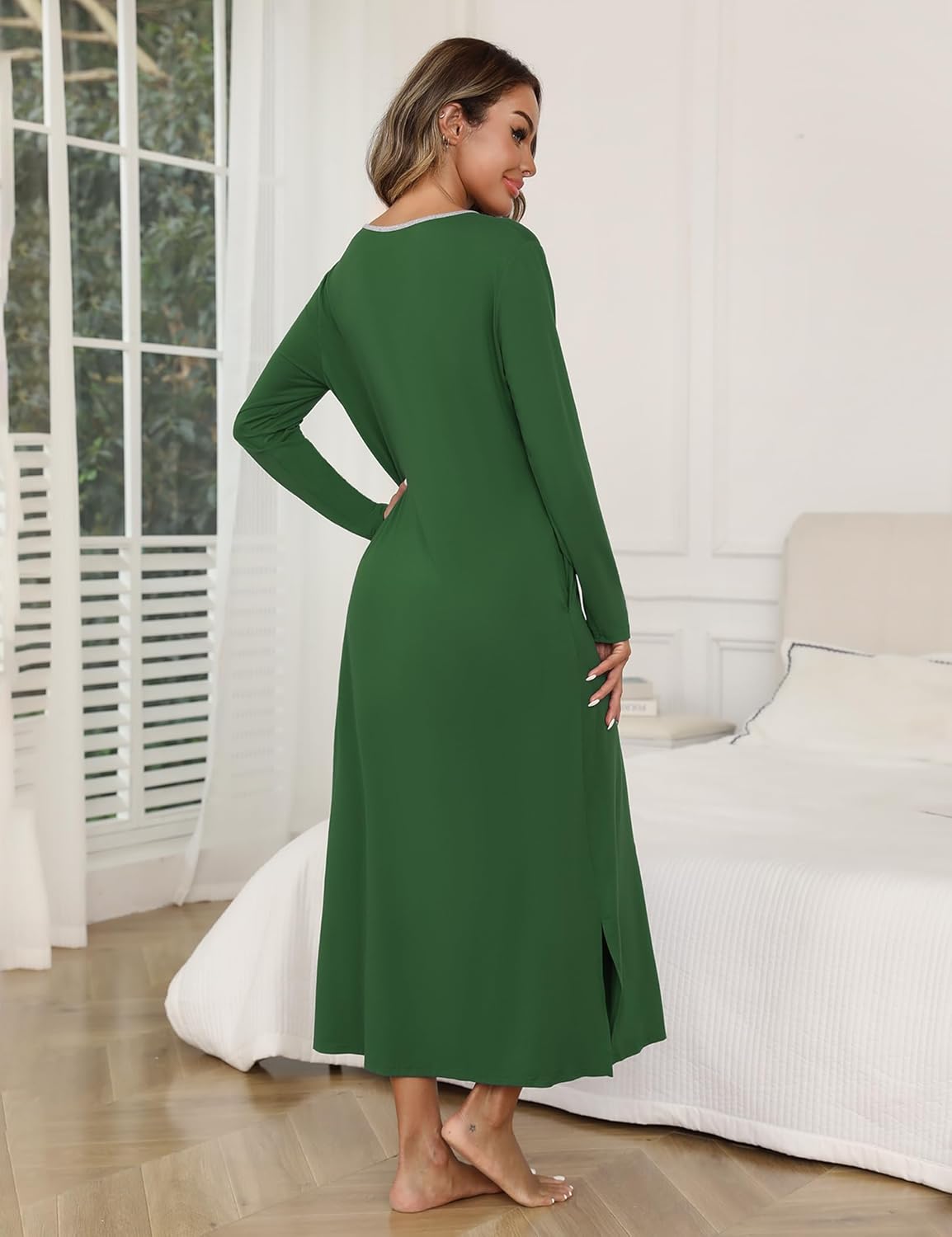 Marvmys Womens Long Sleeve Nightgowns Long Button Up Night Gown Henley V Neck Full Length Sleep Shirts with Pocket - Image 6