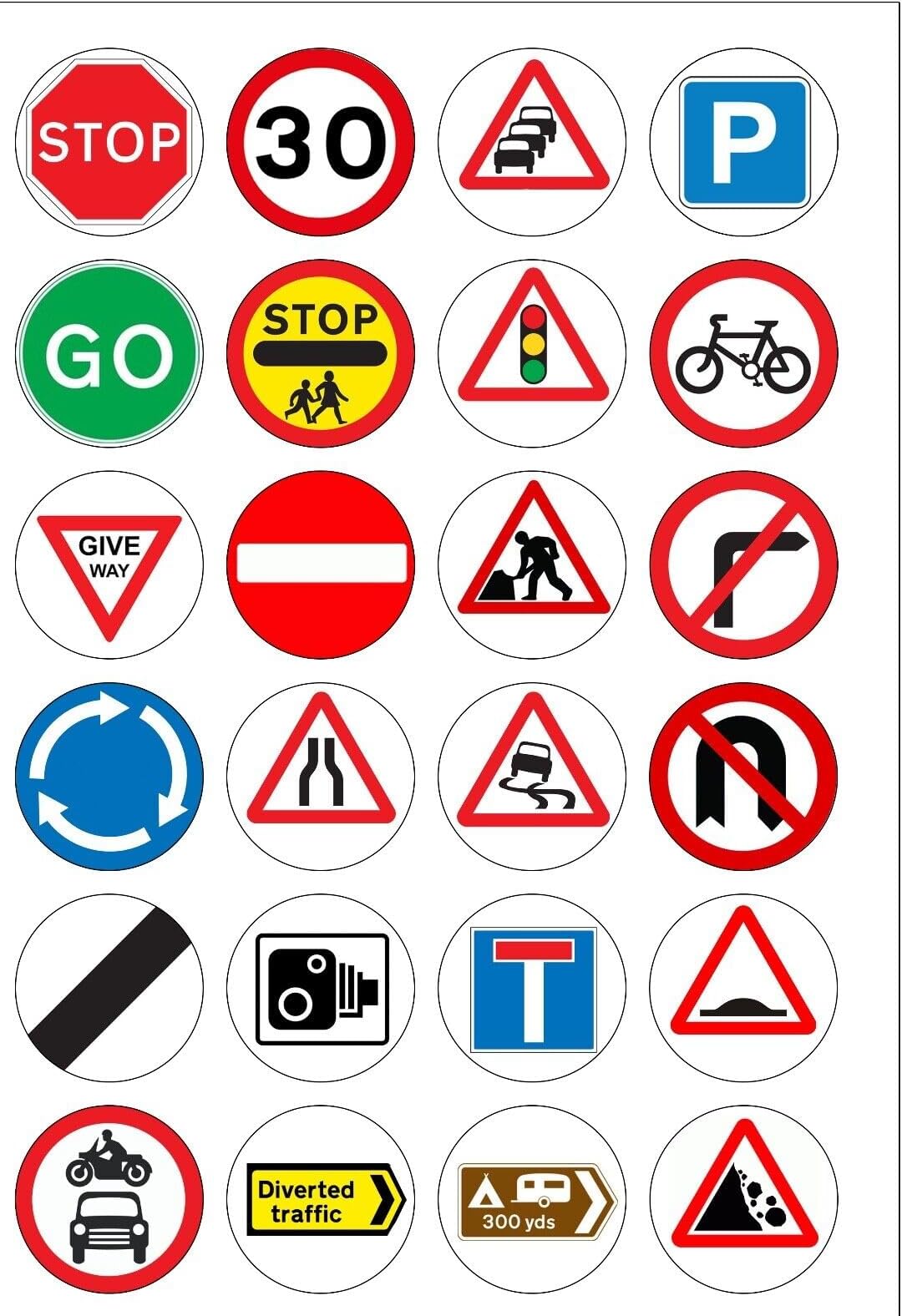 24 Pre-Cut Traffic Road Street Signs Edible Wafer Paper Cake Cupcake Toppers