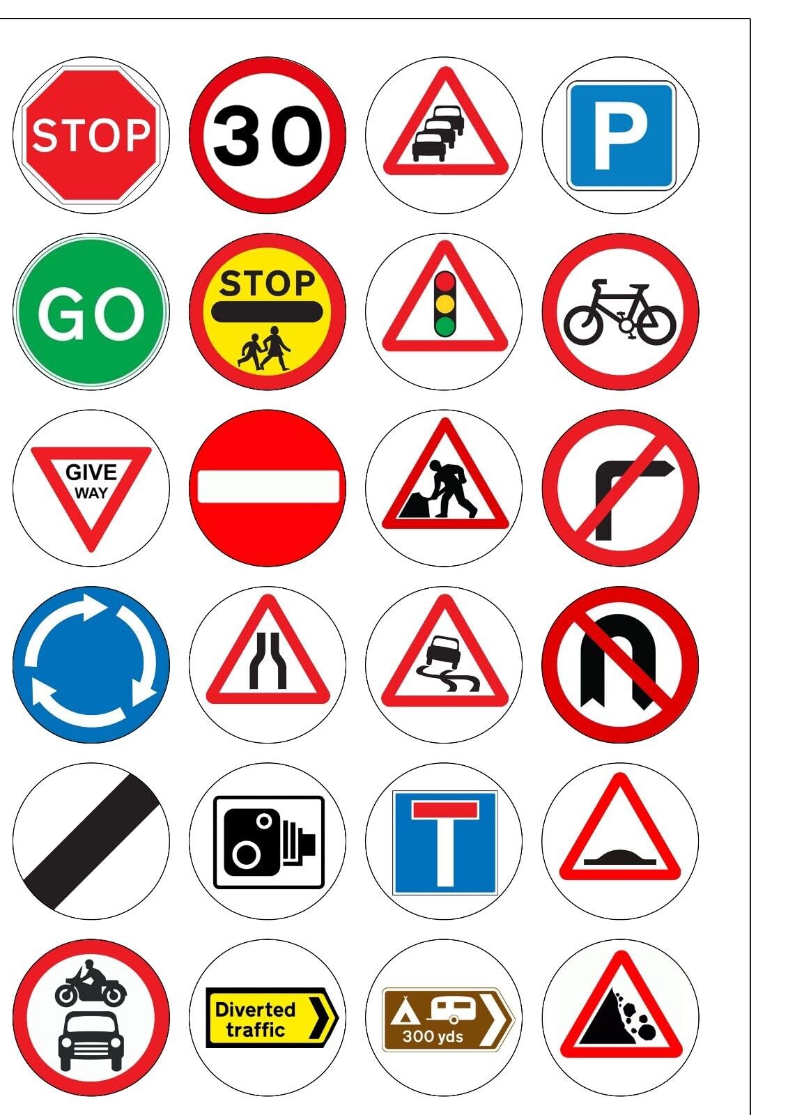 24 Pre-Cut Traffic Road Street Signs Edible Wafer Paper Cake Cupcake Toppers