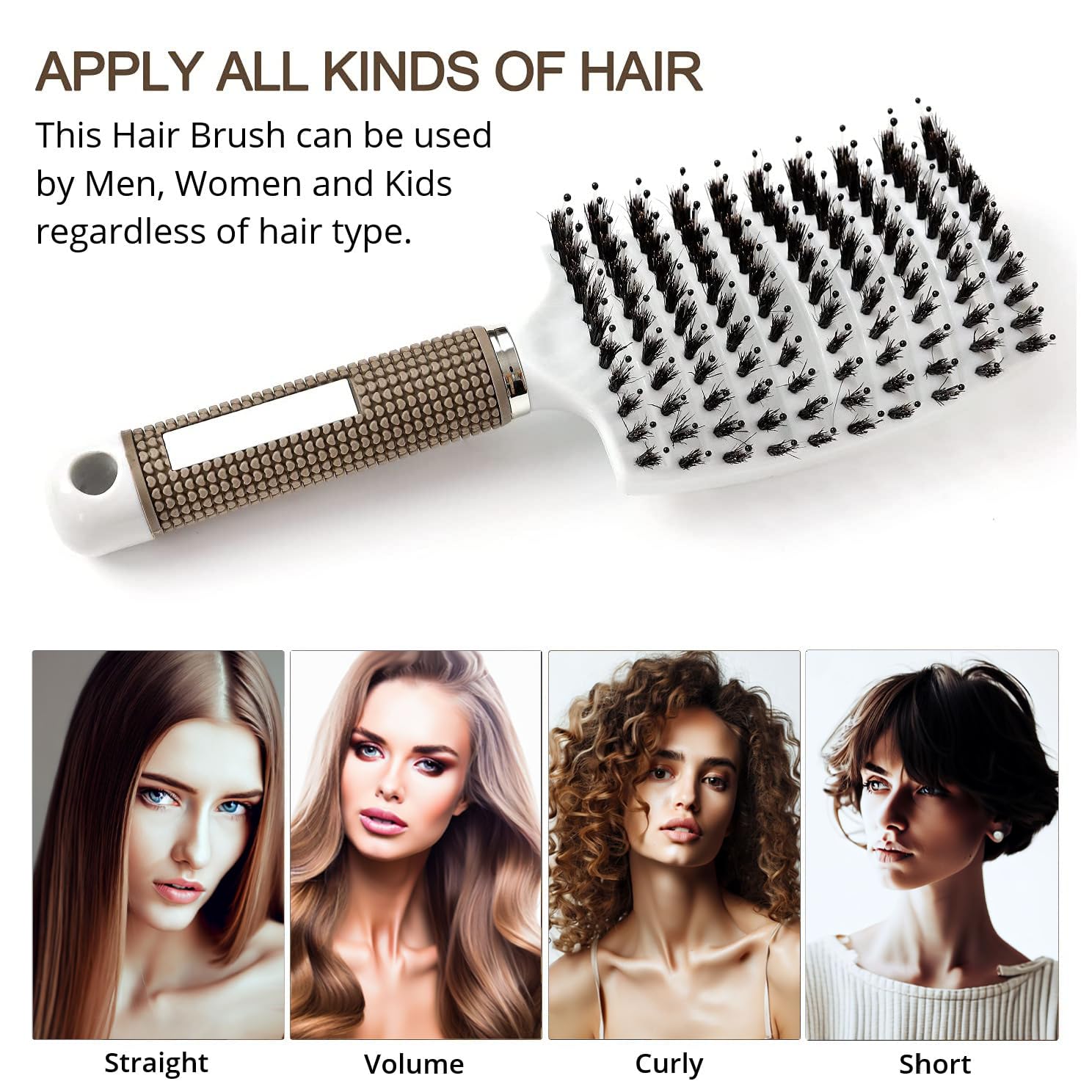 REhair Detangling Hair Brush - Curved Vented Brush Faster Blow Drying - Professional Styling Hair Brushes for Women, Men & Children - Wet & Dry, Curly & Thick, Straight Hair (White, With Boar Bristles)