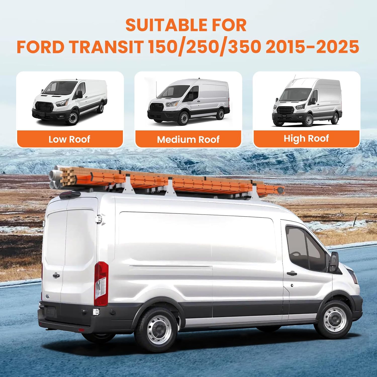 54" Van Roof Ladder Rack for 2015–2025 Ford Transit 150/250/350, Heavy Duty Steel Cargo Van Ladder Rack with 3 Crossbars, 820 lbs Load Capacity, No-Drill Installation, Fits Low/Mid/High Roof