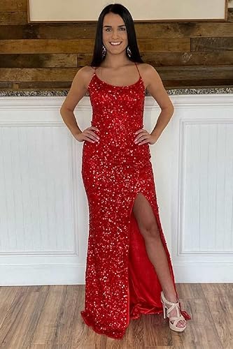 Vista 2 de DFDG Vestido formal de lentejuelas con cuello en V para mujer, vestido largo con abertura y purpurina de sirena