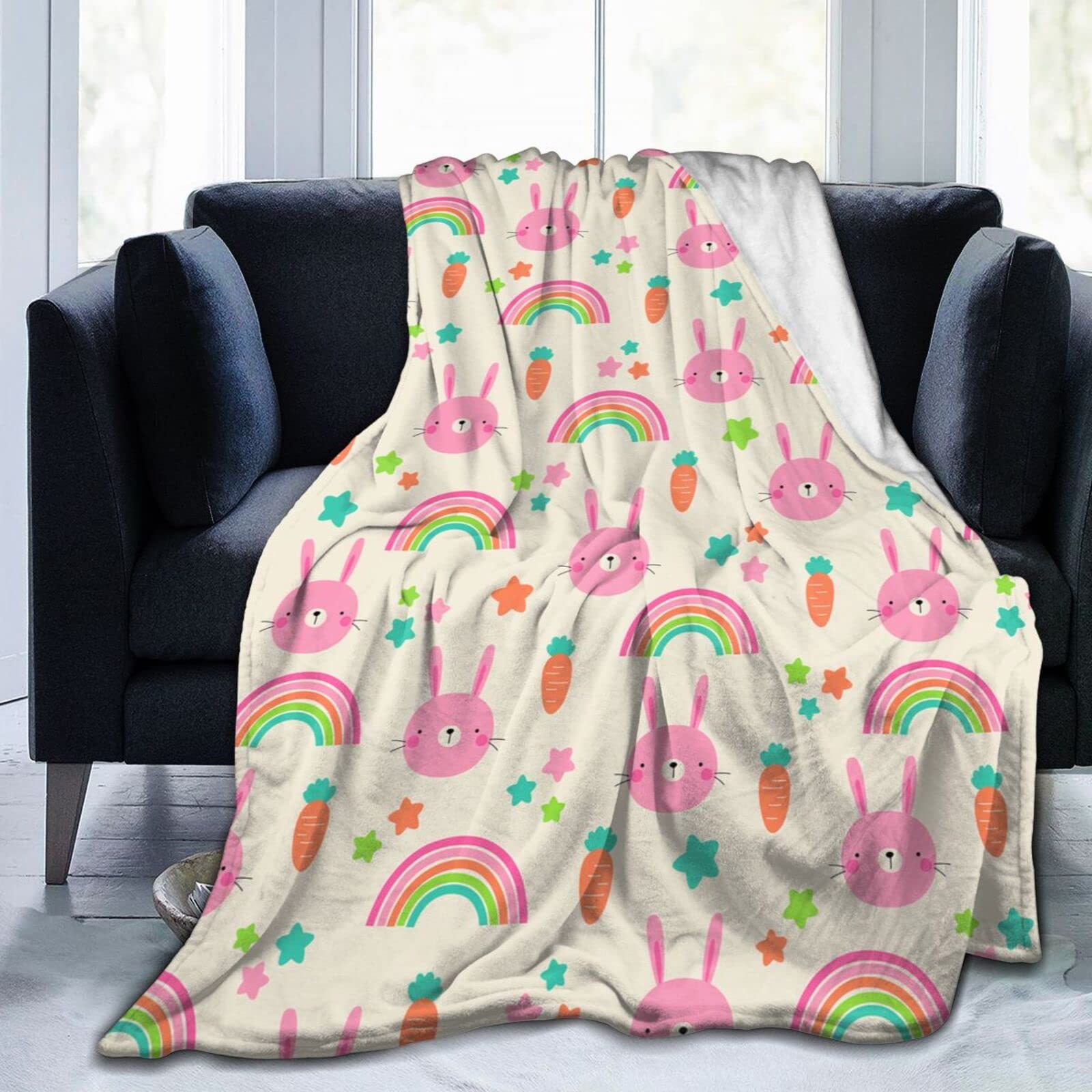 Lsjuee Rabbit with Carrot Throw Blanket Warm Cozy Lightweight Blankets Soft Cute Easter Bunny Flannel Blanket for Sofa Couch Bed Office Holiday Decorative 60"X50"