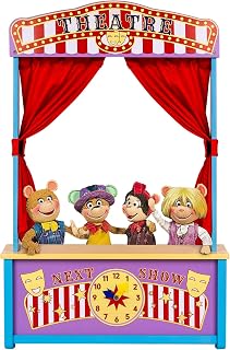 Wooden Puppet Theater Stage with Clock, Red Curtains, Tabletop Design for Kids