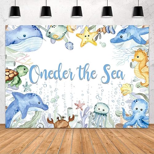 Miniatura 2 de MEHOFOND Oneder The Sea - Telón de fondo para primer cumpleaños bajo el mar, fondo de fotografía de feliz cumpleaños, tema oceánico, suministros de