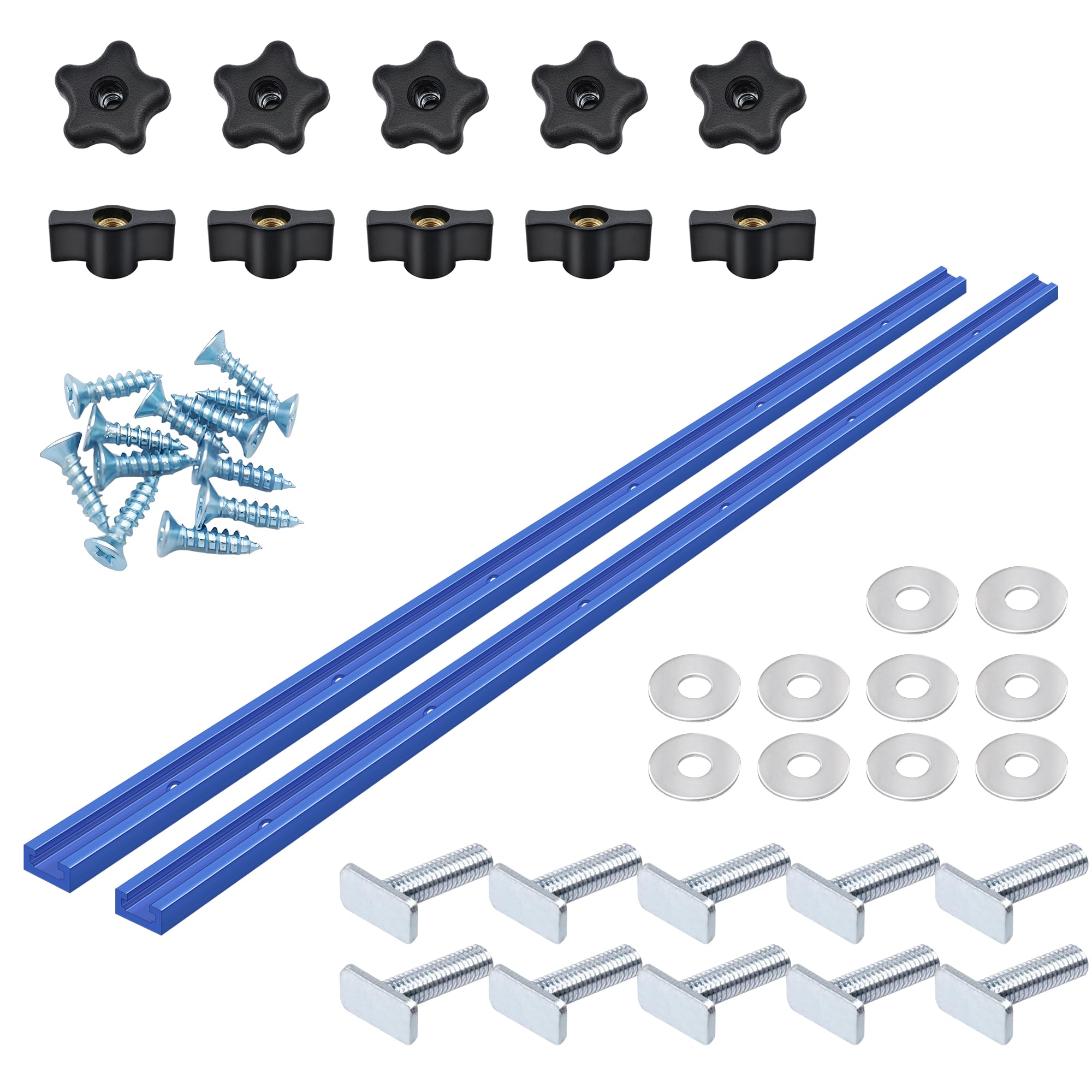 2 Stück 61 cm T-Schiene mit 20 Stück T-Track-Knauf-Set für Holzbearbeitung mit Schrauben, Aluminiumlegierung, Holzbearbeitungswerkzeuge, Doppelschnittprofil, Universal-T-Schienen mit vorgebohrten