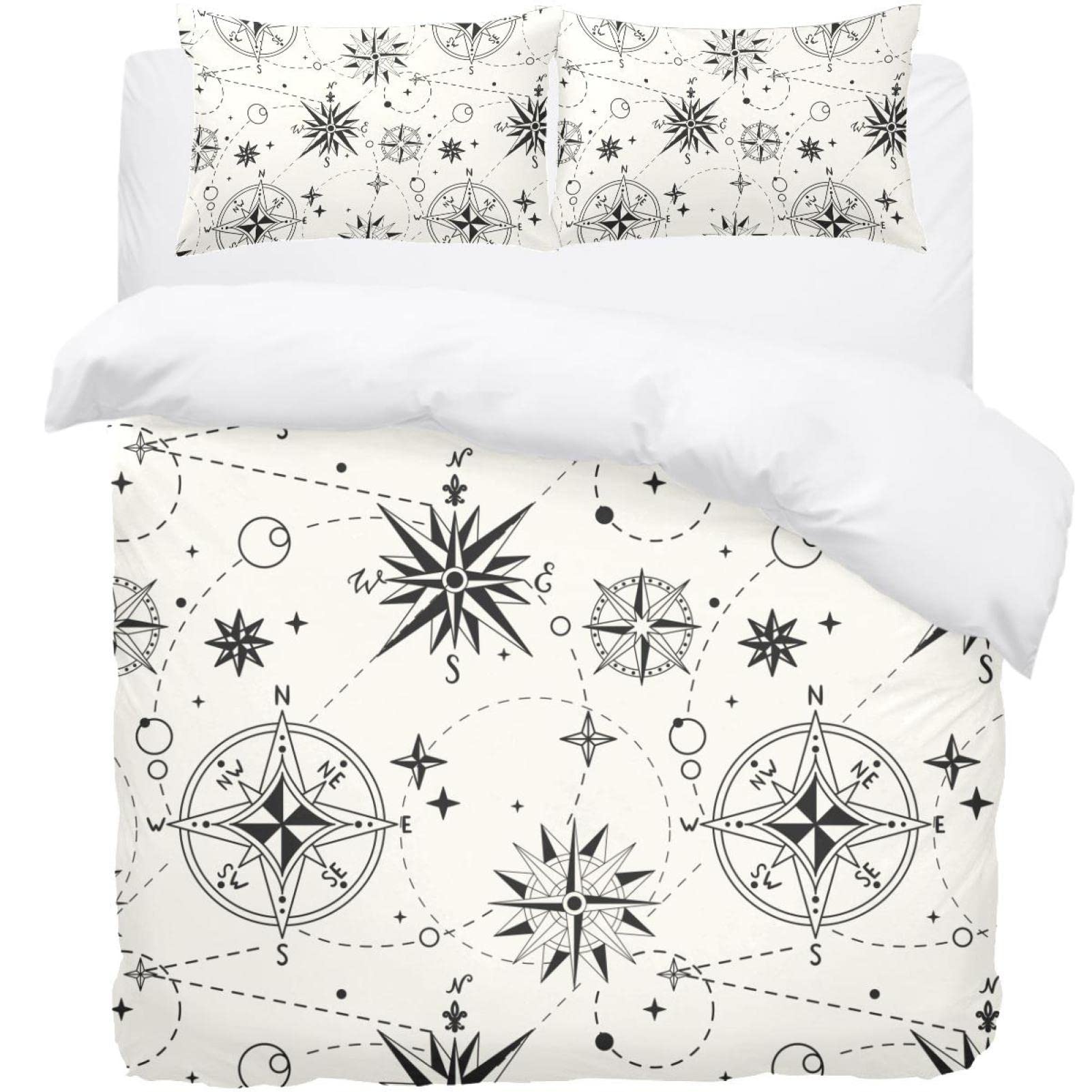 Parure de lit simple motif boussole vintage et étoiles en tissu doux