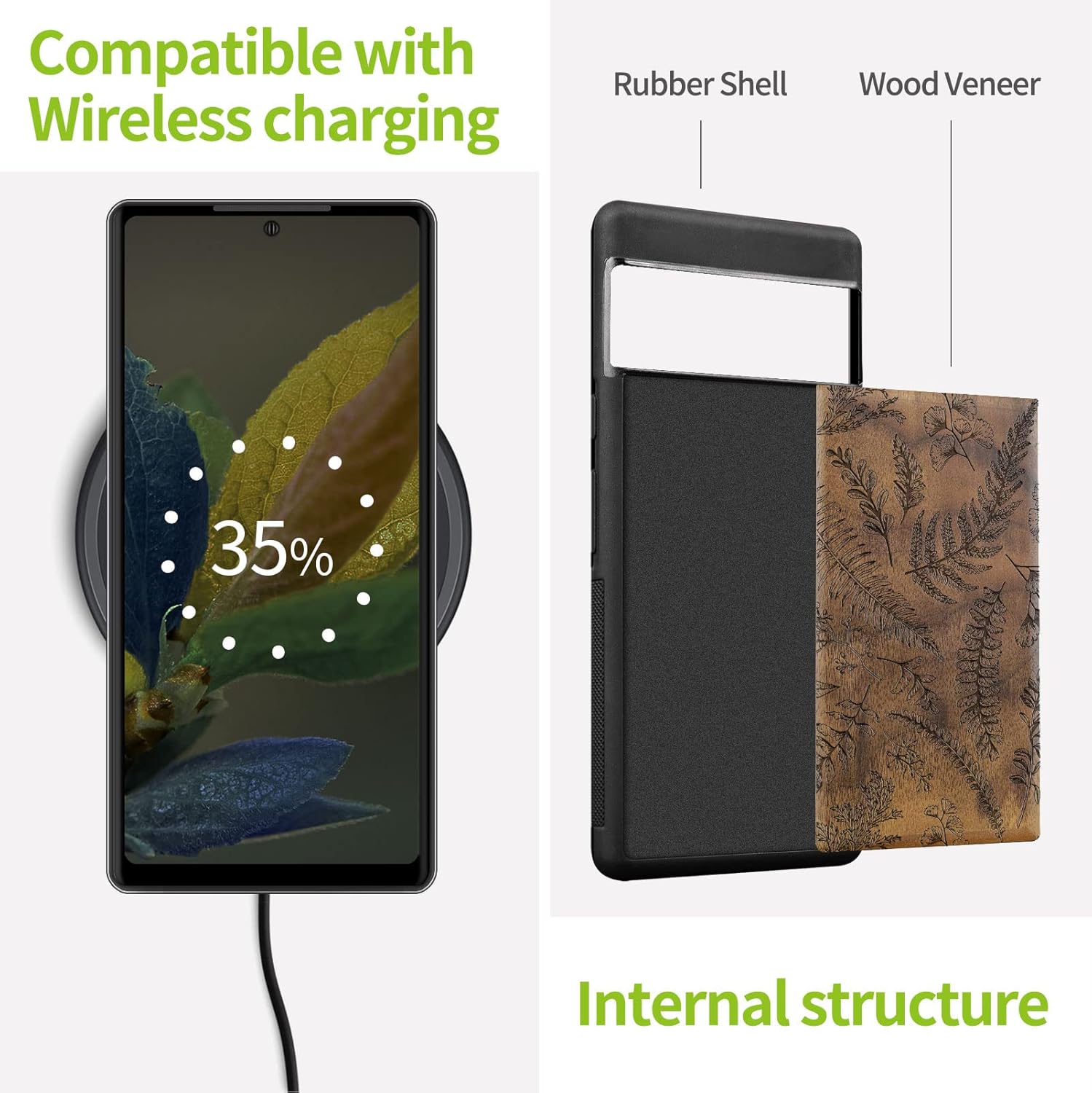 Carveit Wood Case for Pixel 7 Case [Natural Wood & Black Soft TPU] Shockproof Protective Unique & Classy Wooden Cover Compatible with Google Pixel 7 (Fern Leaves & Herbs-Walnut)