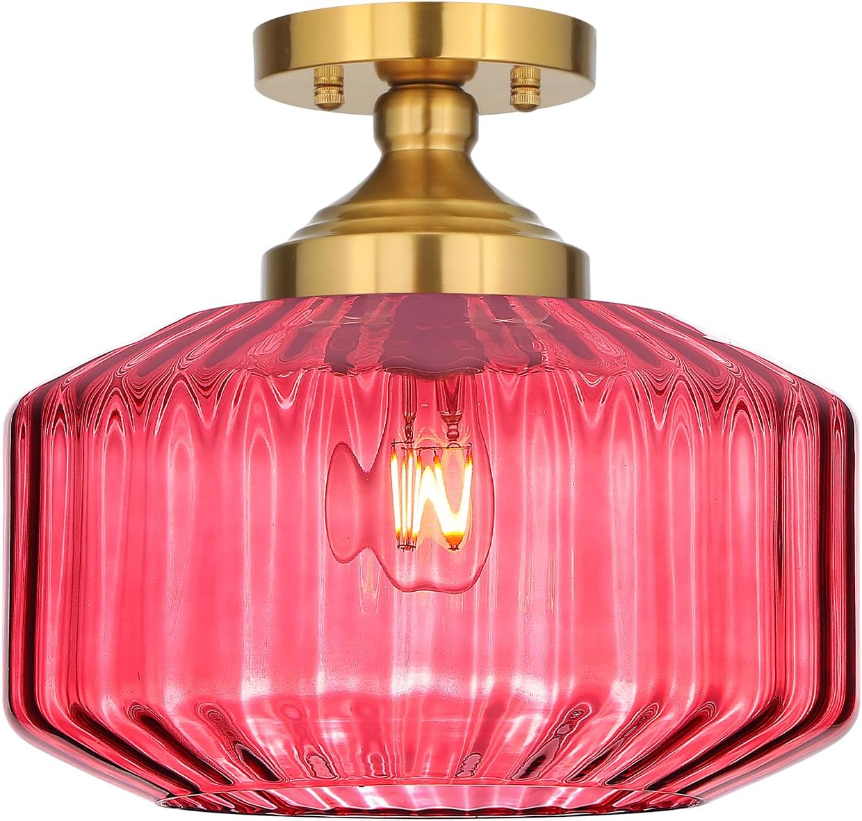 11.8in Semi Flush Mount Ceiling Light Fixture, Vintage Striated Glass Kitchen Lighting Fixtures Ceiling Mount for Entryway Hallway Bedroom Dining Room Bathroom Foyer Laundry (Purple)