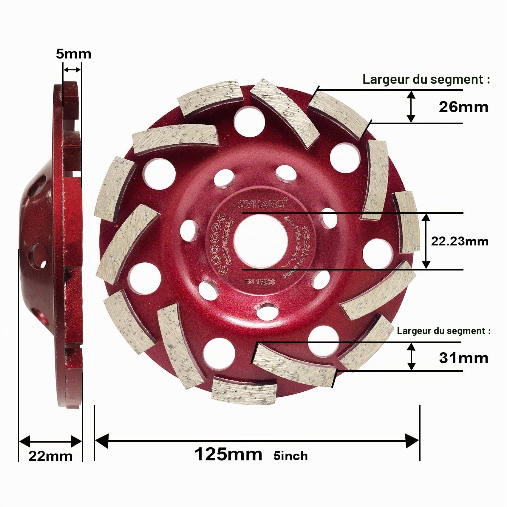 Meule diamantée 125 mm × 22,23 mm pour béton, pierre, pierre naturelle, colle à carrelage, granit, maçonnerie, disque abrasif diamanté extra rapide