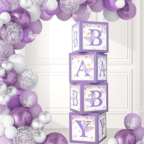 Miniatura 2 de Decoraciones de cajas de baby shower de mariposa morada, 4 cajas de globos morados con letra de bebé, letras impresas, decoración de centro de mesa