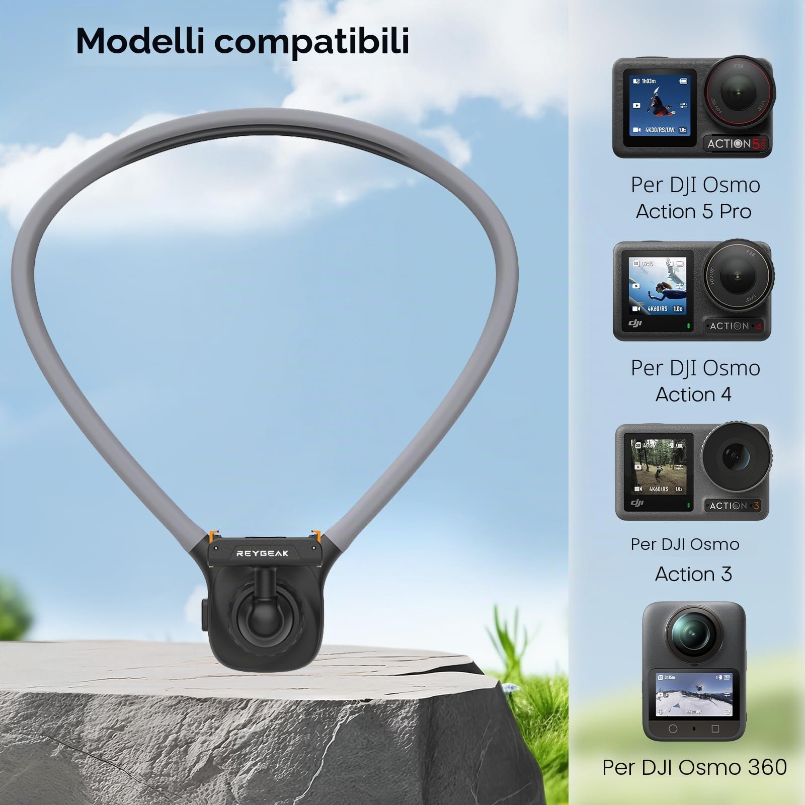 REYGEAK Mount per collo magnetico per DJI Osmo Action, montaggio per action camera POV, montaggio con cintura toracica regolabile compatibile con accessori DJI OSMO 360/Action 5 Pro/4/3