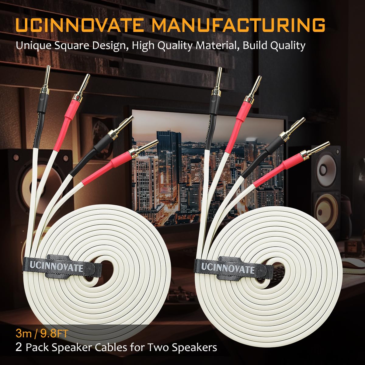Câble de haut-parleur OFC 14 AWG avec fiches bananes à broches, câble de haut-parleur blanc HiFi 3 m avec fiches banane plaquées or, câble de haut-parleur carré pour système audio Hi-Fi