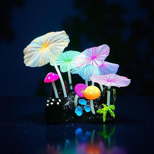 4-Pack Silicone Fluorescent Aquarium Plants & Decor - Realistic Jellyfish, Mushrooms for All Fish Tanks, Essential Decorations