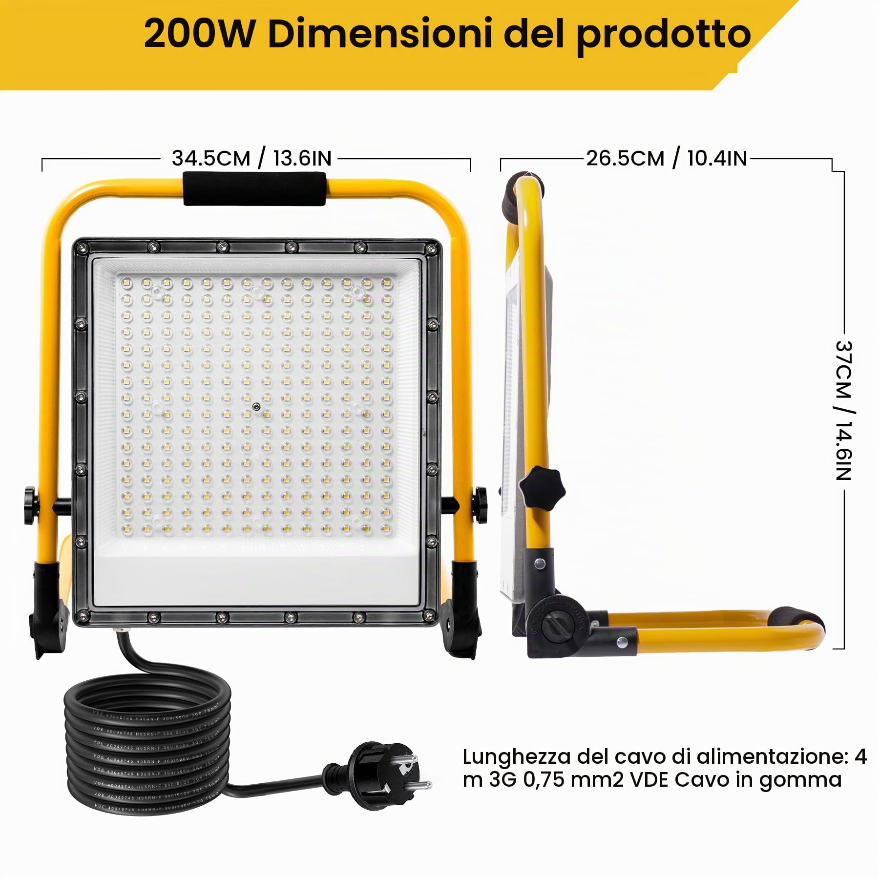 Faretto LED da Cantiere 200W, Farò LED da Cantiere con Cavo in Gomma VDE 3G 0,75 mm² da 4 m, Luce Bianca 6500K,20000 Lumen - Ideale per Edilizia,Lavori di Cartongesso, Riparazioni
