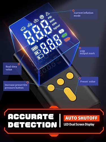 Miniatura 4 de Inflador de neumáticos, compresor de aire portátil de 150 PSI, inflado rápido, bomba de neumáticos de coche inalámbrica con indicador digital,