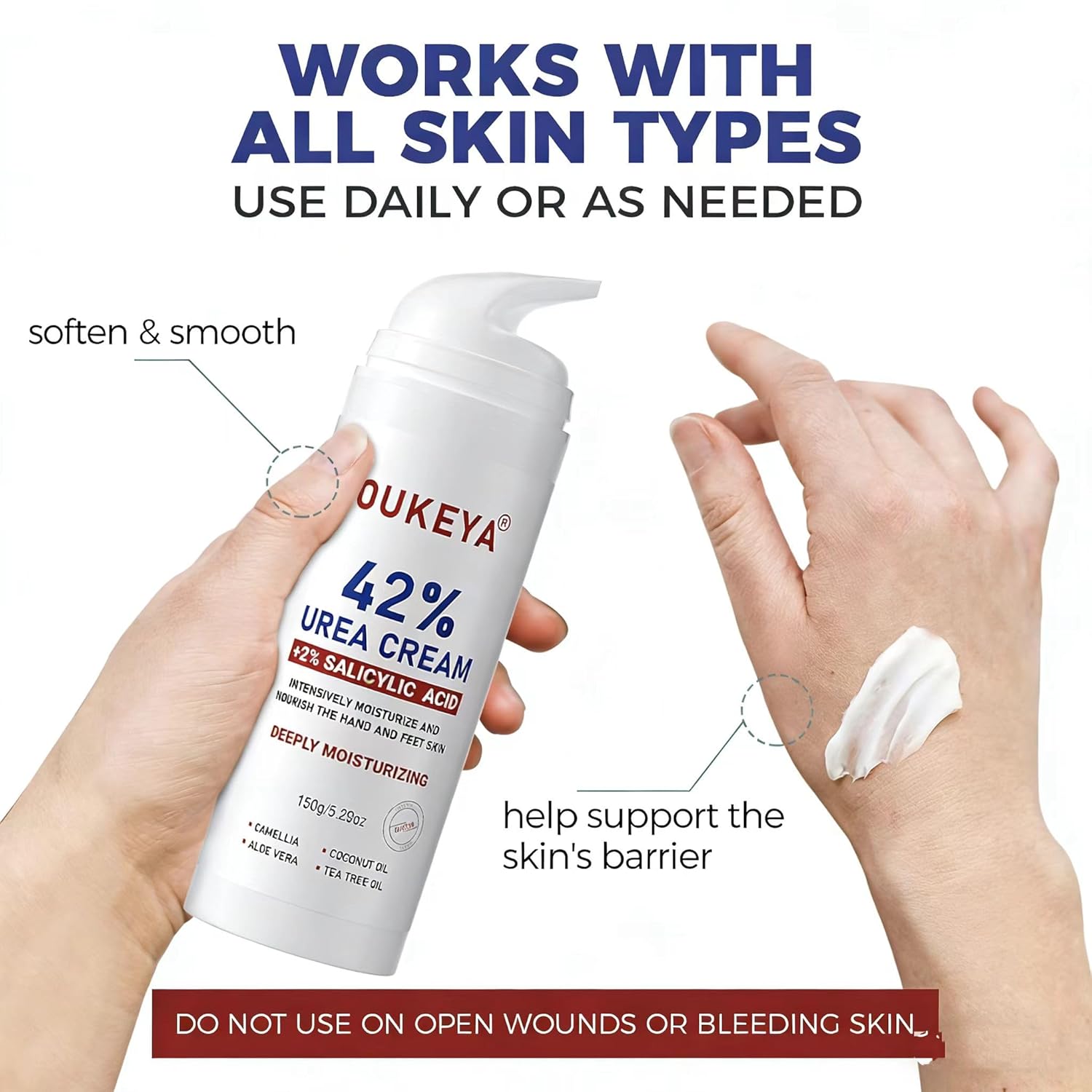 OUKEYA Urea Cream with Salicylic Acid for Dry, Rough Skin – Moisturiser for Feet, Heels, Hands & Elbows, 5.29 Oz - Image 4