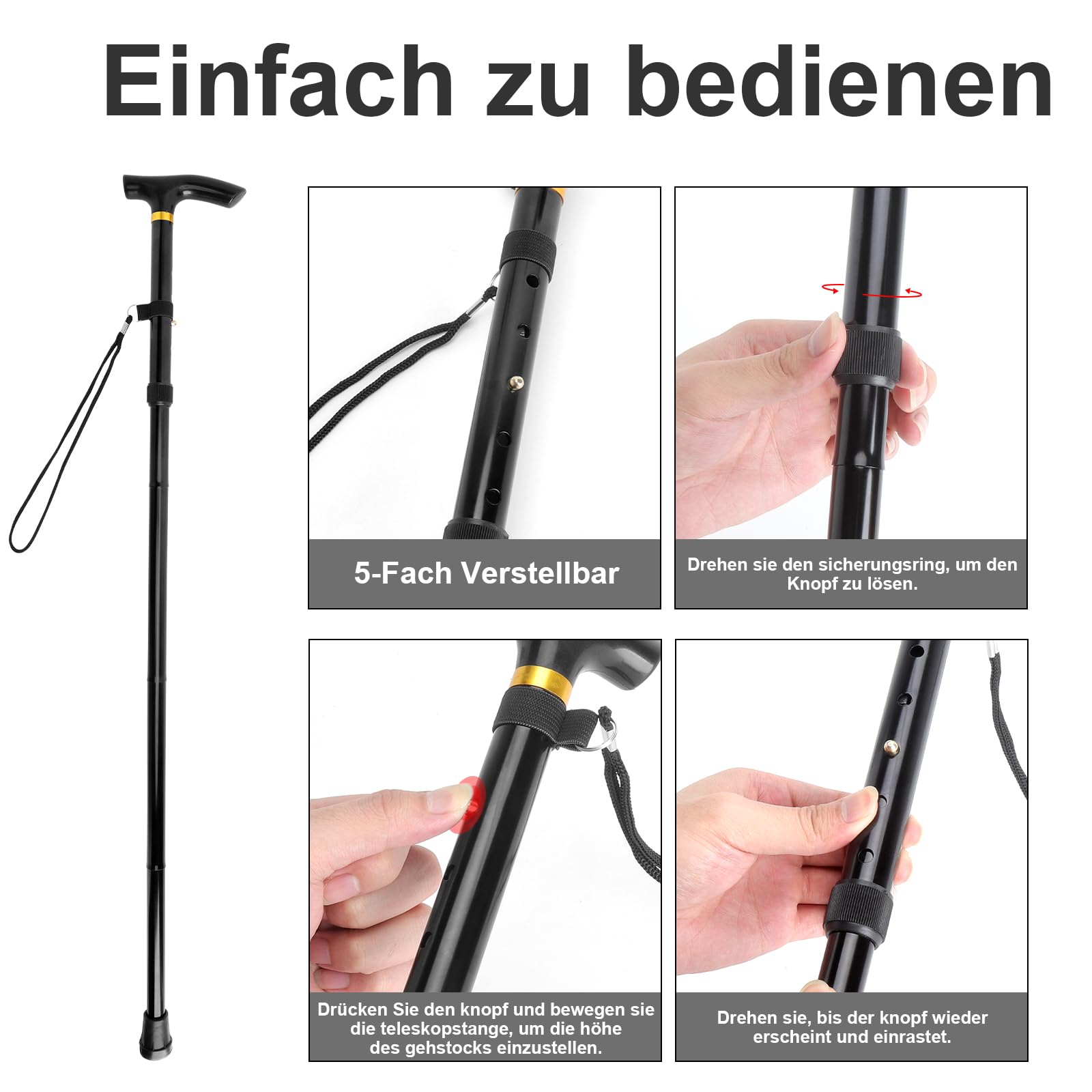 Gehstock Klappbar – 5-Stufig Höhenverstellbarer Faltbarer Gehstock Damen Herren, Rutschfestem Gummifuß, mit Karabiner, Leichter Teleskopstock als Gehhilfe für Senioren, Spazierstock für Reise