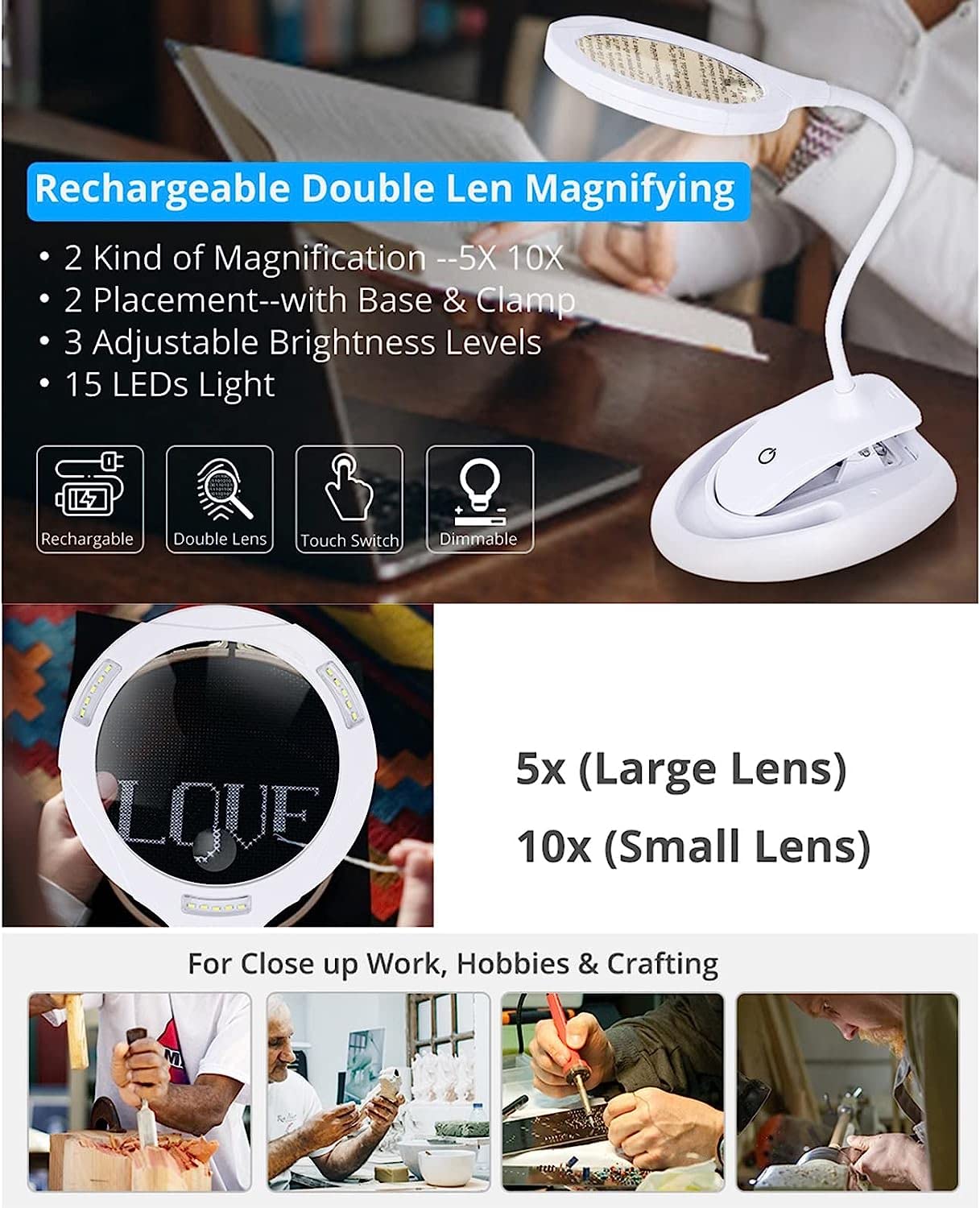 Lupa, Lampa Powiększająca 2 W 1, Lampa Biurkowa Ze Stojakiem I Zaciskiem, 5X 10X, Dioda Led Zasilana Przez Usb, Z 3 Regulowanymi Ustawieniami Światła Do Czytania, Hobby, Rzemiosła, Podwójnego Stołu W