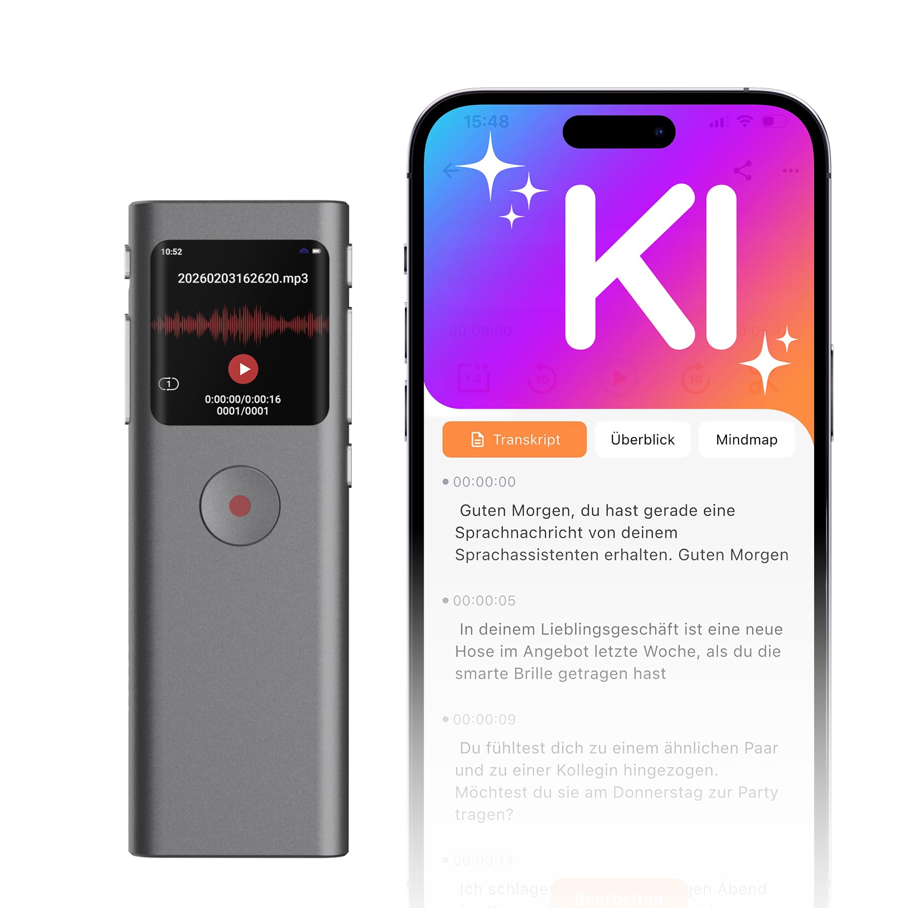 KI Digitales Diktiergerät, Transkribieren und Zusammenfassen, Sprachaktivierte Aufnahme mit Playback, 90+ Sprachen, 64 GB Speicher, One-Touch-Aufnahme, Für Vortrag/Interviews/Klassen