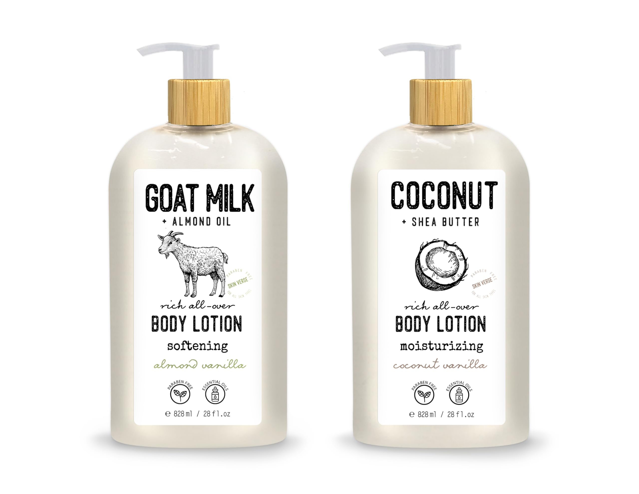 Skin Verse Body Lotion, Goat Milk, Almond Oil Body Lotion, Softening, Almond Vanilla, Coconut, Shea Butter Body Lotion, Moisturizing, Coconut Vanilla, 28 fl. oz. | Home and Body Co