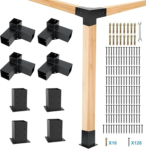 Aikosin Kit de soportes para cenador, kit de soportes para pérgola 4 x 4 (real 3.5 x 3.5 pulgadas), soporte de esquina de ángulo recto de 3 vías con