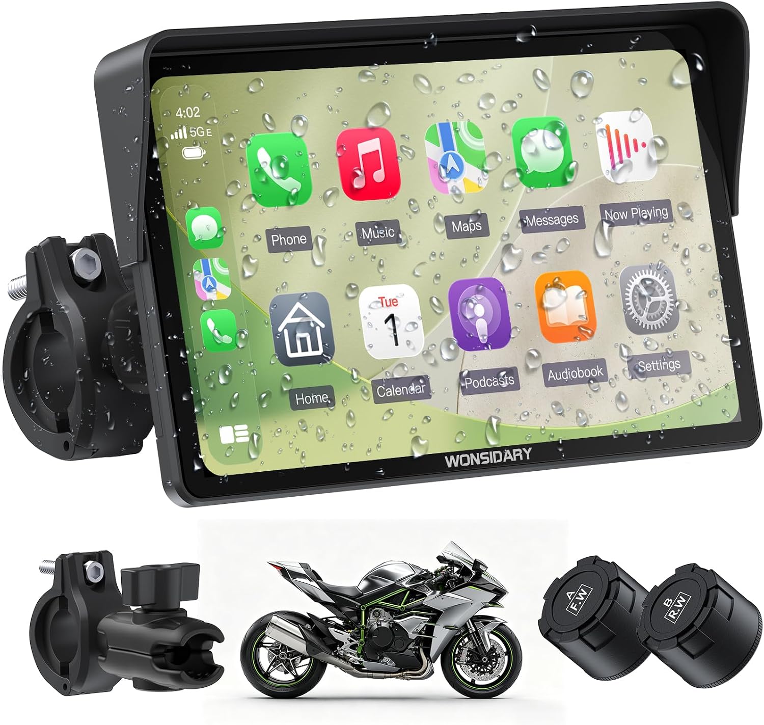 W722TPMS 7" Wireless Motorcycle CarPlay & Android Auto with TPMS,IP67 Waterproof Motorcycle GPS Touchscreen, Dual Bluetooth Audio,EQ, Light Sensor,USB/Acc Power for Riding