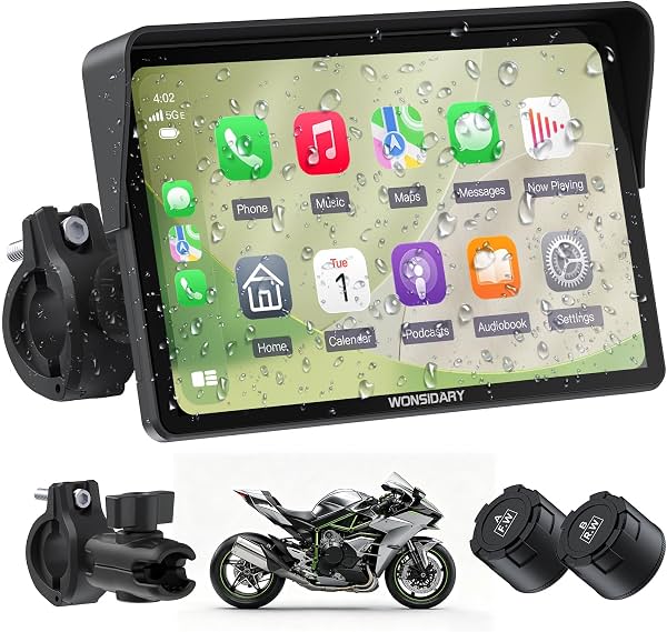 W722TPMS GPS inalámbrico de 7 pulgadas para motocicleta con CarPlay y Android Auto y TPMS | GPS táctil para motocicleta a prueba de agua IP67 con audio Bluetooth dual, EQ, sensor de luz, alimentación USB/ACC para conducción