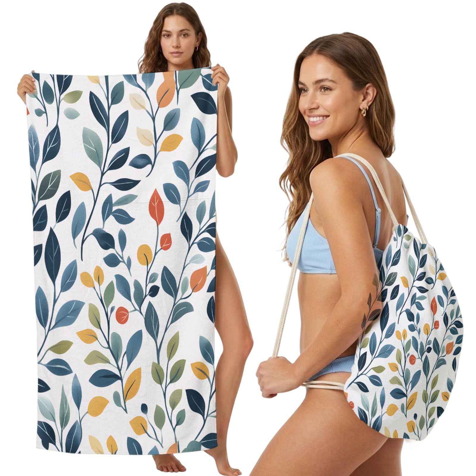 FWJZDSP Beach Towel Backpack, Farmhouse Watercolor Plant Leaves 2-in-1 Foldable Soft Microfiber Quick Dry Beach Towel 31.5x63in Country Botanical Lightweight Pool Towels Bag for Travel, Yoga, Gym