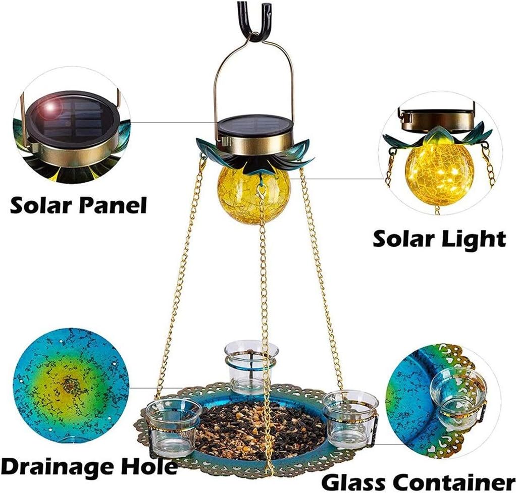 Design Solar Bird Feeder Hanging Solar LED Bird Feeder Outdoor Bird Feeders Lights Metal Tray Waterproof for Yard Decor