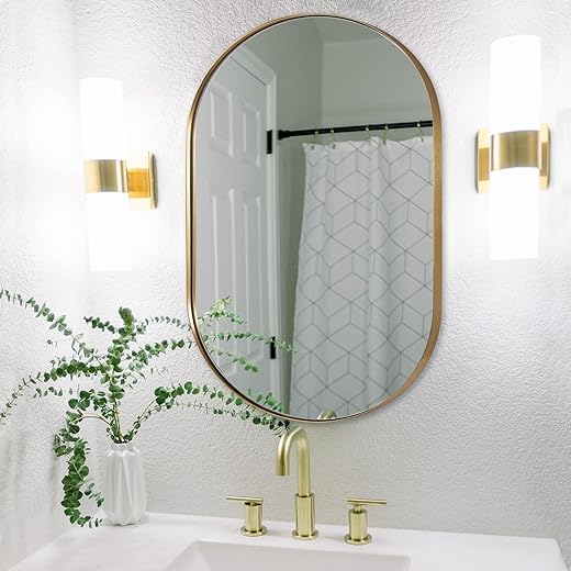ANDY STAR Gold Oval Mirror, Brass Mirror for Wall, Oval Mirrors for Bathroom in Stainless Steel Metal 1’’ Thin Frame Pill Shaped Mirror Hangs Vertical or Horizontal Ideal for Limited Space