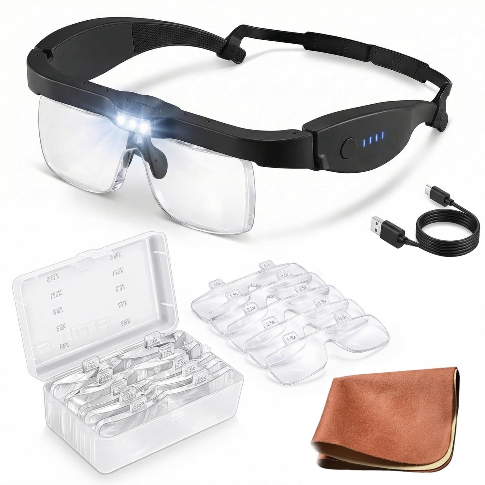 Magnifying Glass with Light, 5 Interchangeable Lenses 0.75-4.0X and 3 LED Lights, Rechargeable Headset Magnifier for Close Work, Crafts, Reading, Jewelry, Model Making(Black)