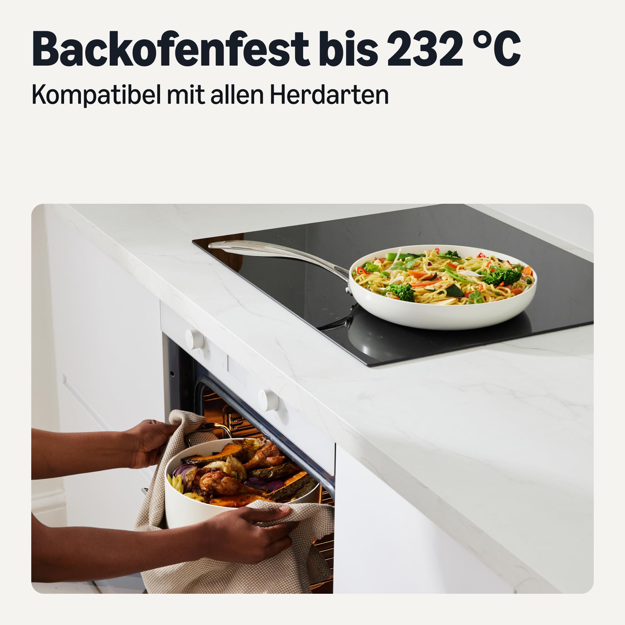Amazon Basics Antihaft-Keramikkochgeschirr, 8-Teiliges Topf- und Pfannenset, Spülmaschinen- und Ofenfest, Für alle Herdarten geeignet, Elfenbeinfarben
