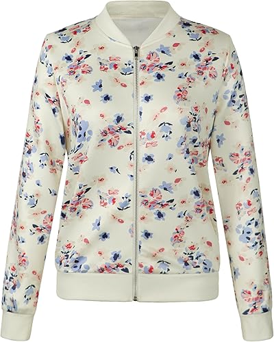 Miniatura 5 de ECOWISH - Chaqueta bomber casual con estilo floral y cierre para mujer, ligera, corta, diseño de camuflaje, sin forro, ropa exterior, rompevientos