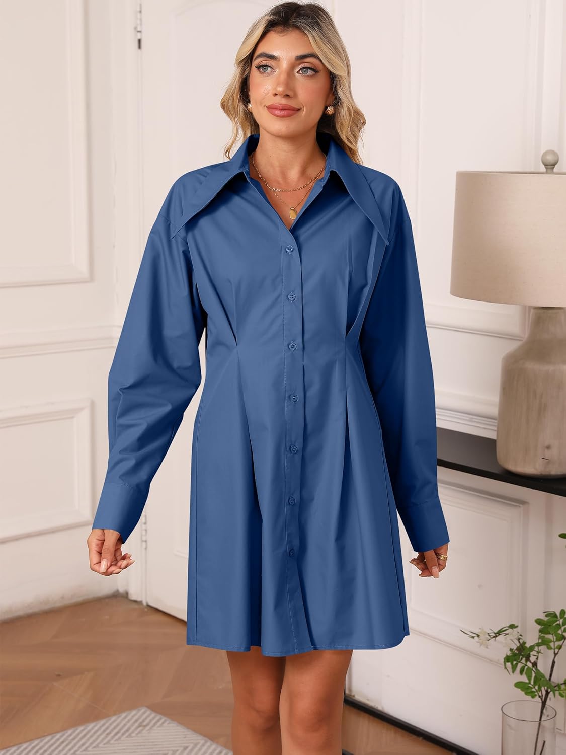 Womens Button Down Shirt Dresses Cotton Button Up Tunics Long Sleeve Solid High Low Blouse Waist Up Dress - Image 3
