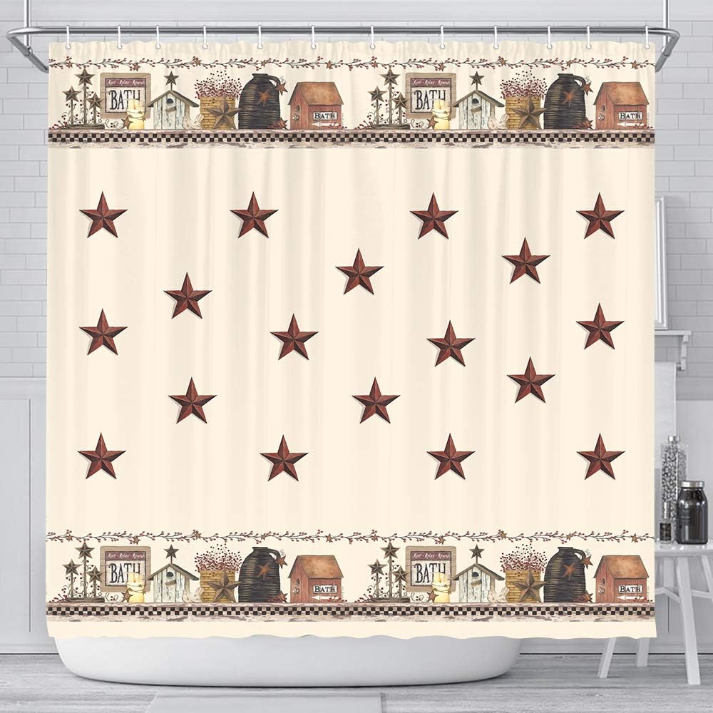 JAWO Rustic Country Shower Curtain, Primitive Barn Star Relax Bath Outhouse Christmas Farmhouse Shower Curtain for Bathroom Decor Polyester Fabric Bath Curtain and Hooks Waterproof 69x70inches