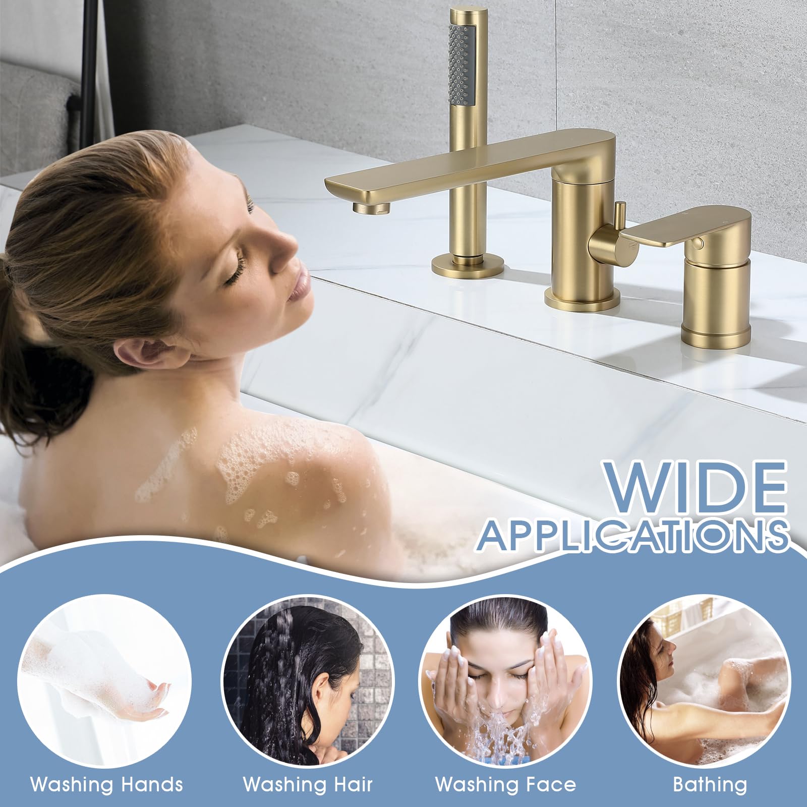 Robinet De Baignoire Wathels Moderne Cascade – Laiton Massif, Douchette à Main, Noir Mat (Montage Sur 3 Trous)