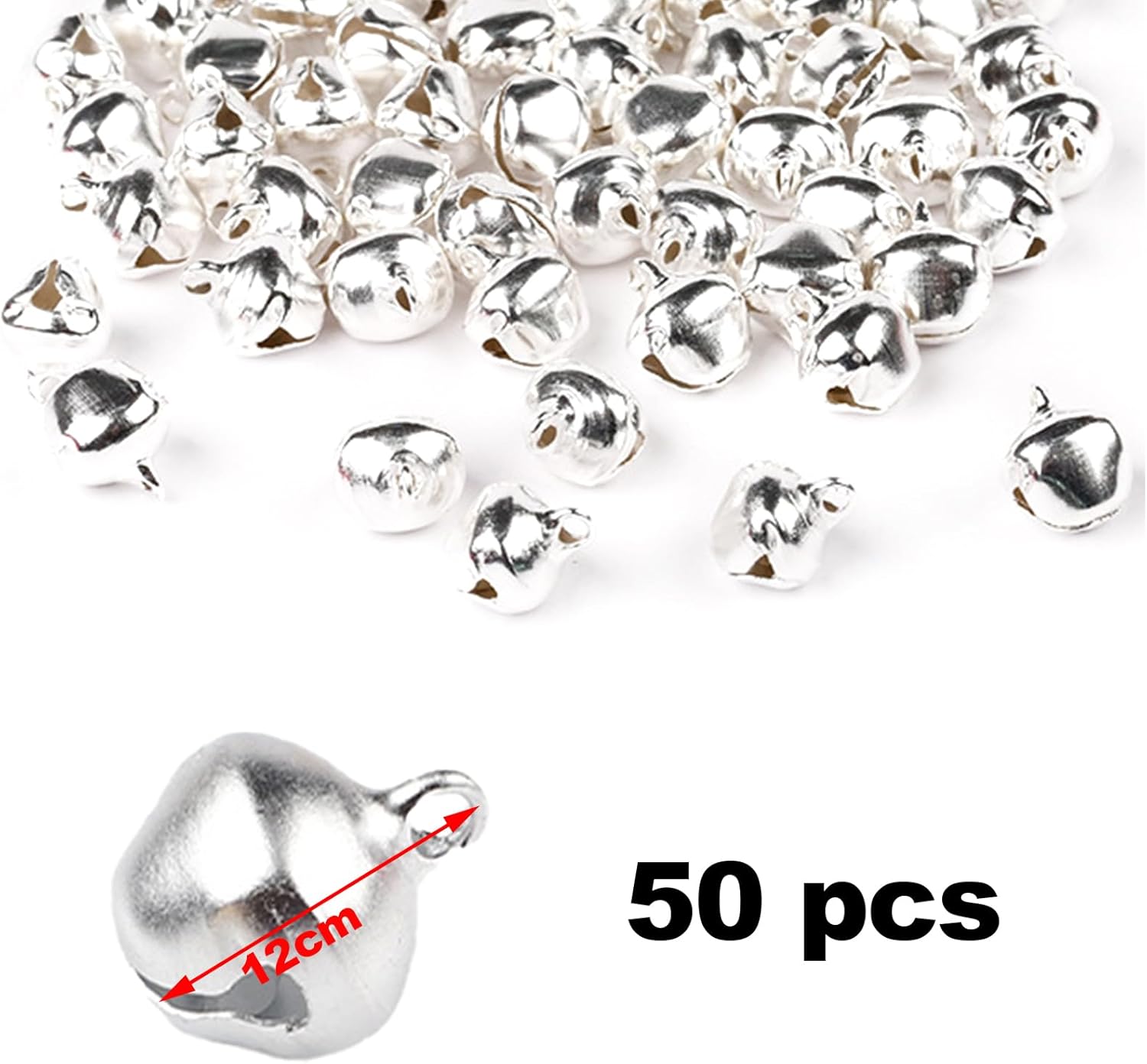 50pcs Bells, Bell Rattles, Small Bell Rattles, Metal Bells, Christmas Bells, Mini Bells, for Decoration of Ornaments for Christmas Parties DIY, 12 mm (Silver)