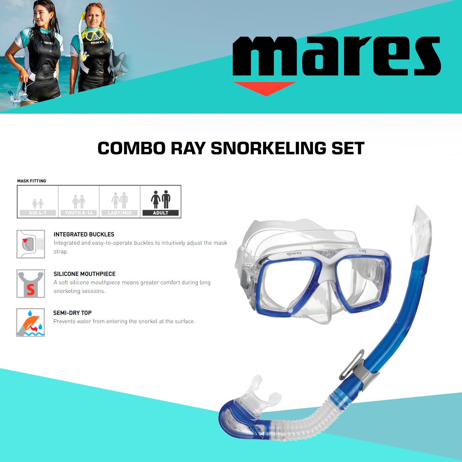 Mares Combo Ray - Set Maschera e boccaglio Adulto, Maschera Ray Personalizzabile, boccaglio bay Semi-Secco in Silicone, Snorkeling e Immersione ricreativac