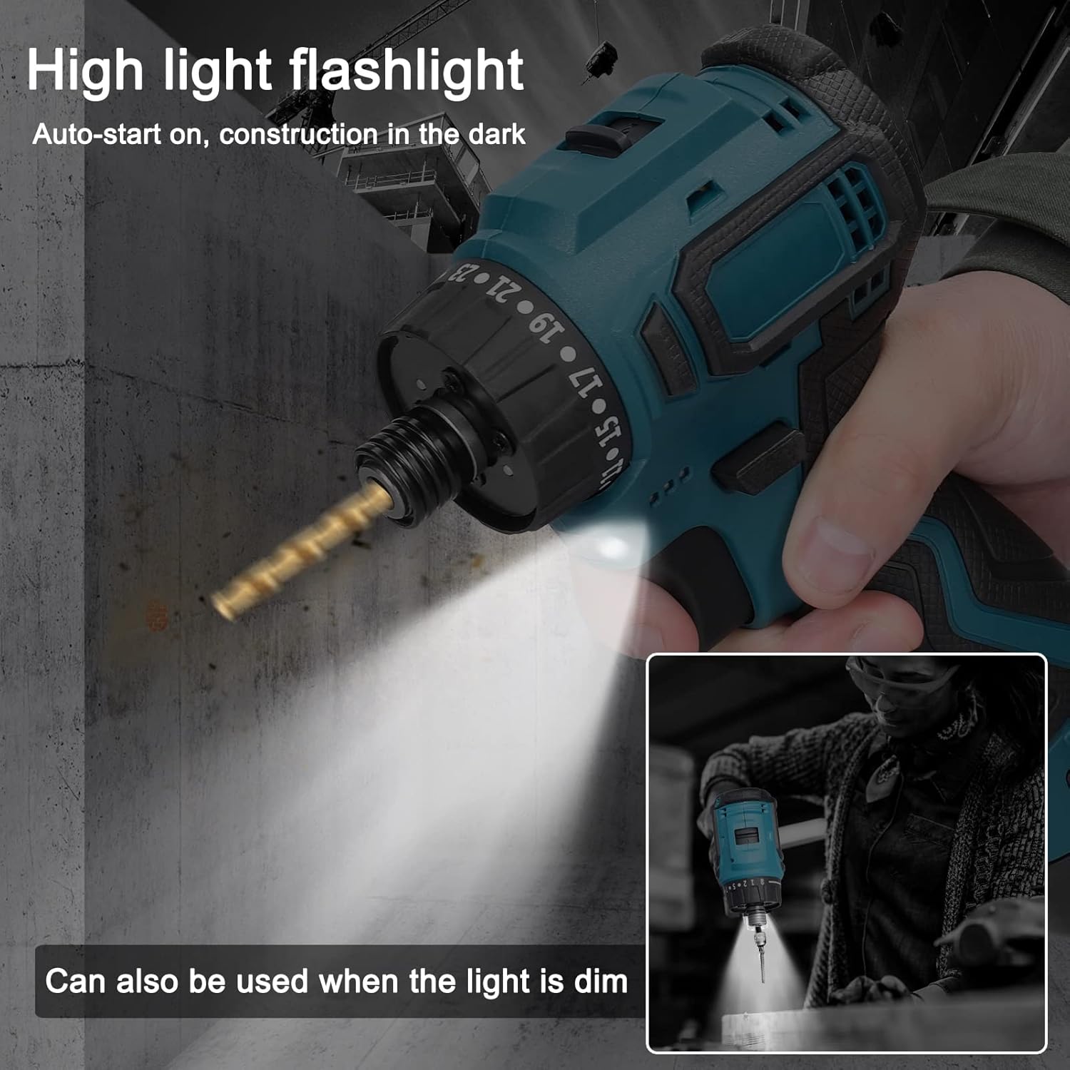 Weytoll 18V Cordless Drill Driver showing 23+1 torsion settings and applications for hammer drill and screw removal