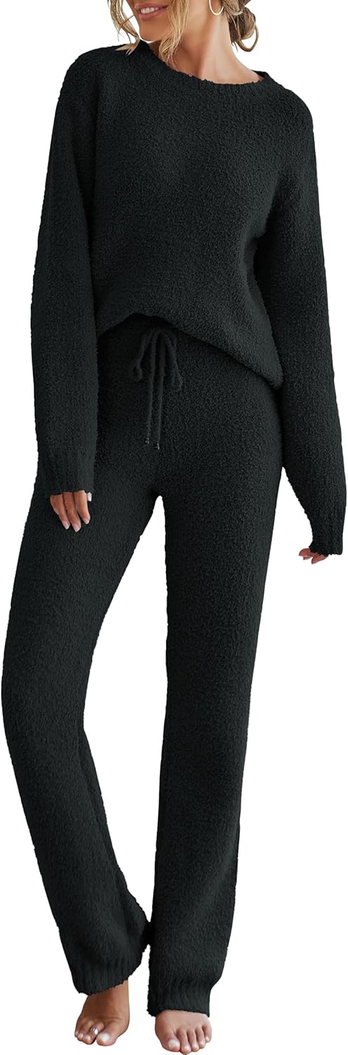 MEROKEETY Womens Pajama Sets 2026 Fall Lounge Sweater Set Cute Fuzzy Fleece 2 Piece Long Sleeve Cozy Winter Pj Outfits