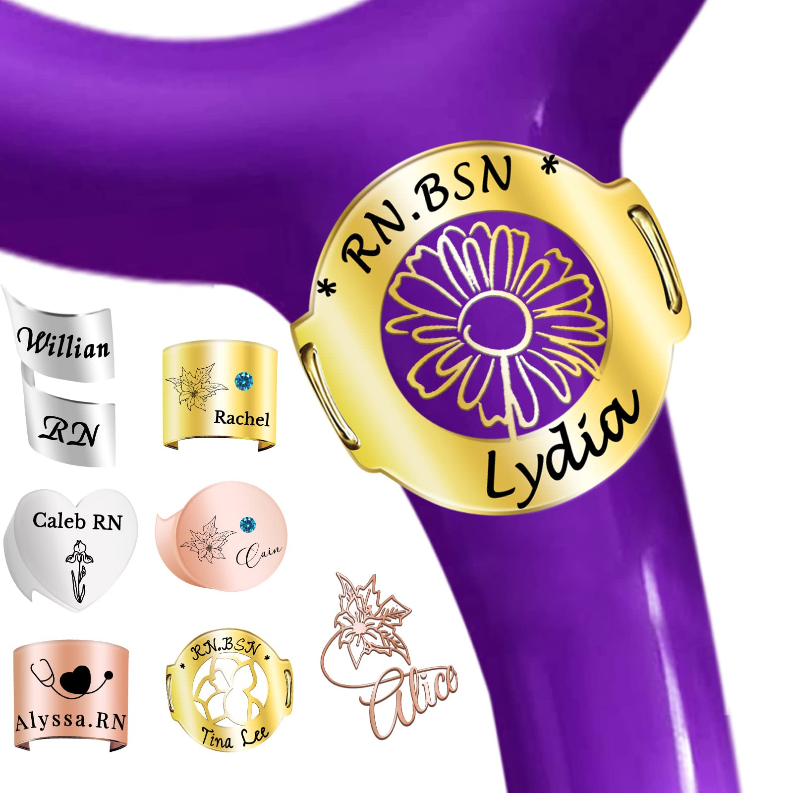 Stethoscope Name Tag Personalised Stethoscope ID Charm Accessories for Nurses Doctor Customised Engraved Name Badge with Birth Flower Nurses Week Gift