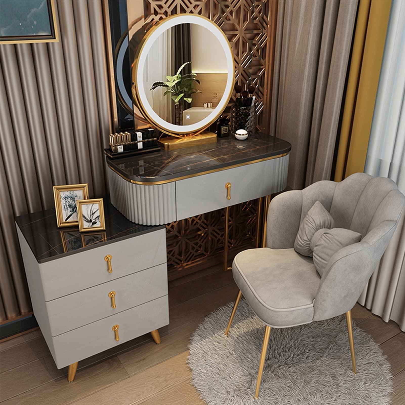 asdchZen Modern Vanity Desk With 360°Swivel Mirror, Makeup Table With Drawers & Nightstand, Adjustable Brightness & 3 Color Modes, Stylish Dressing Table,Gray C-80cm/31.4in