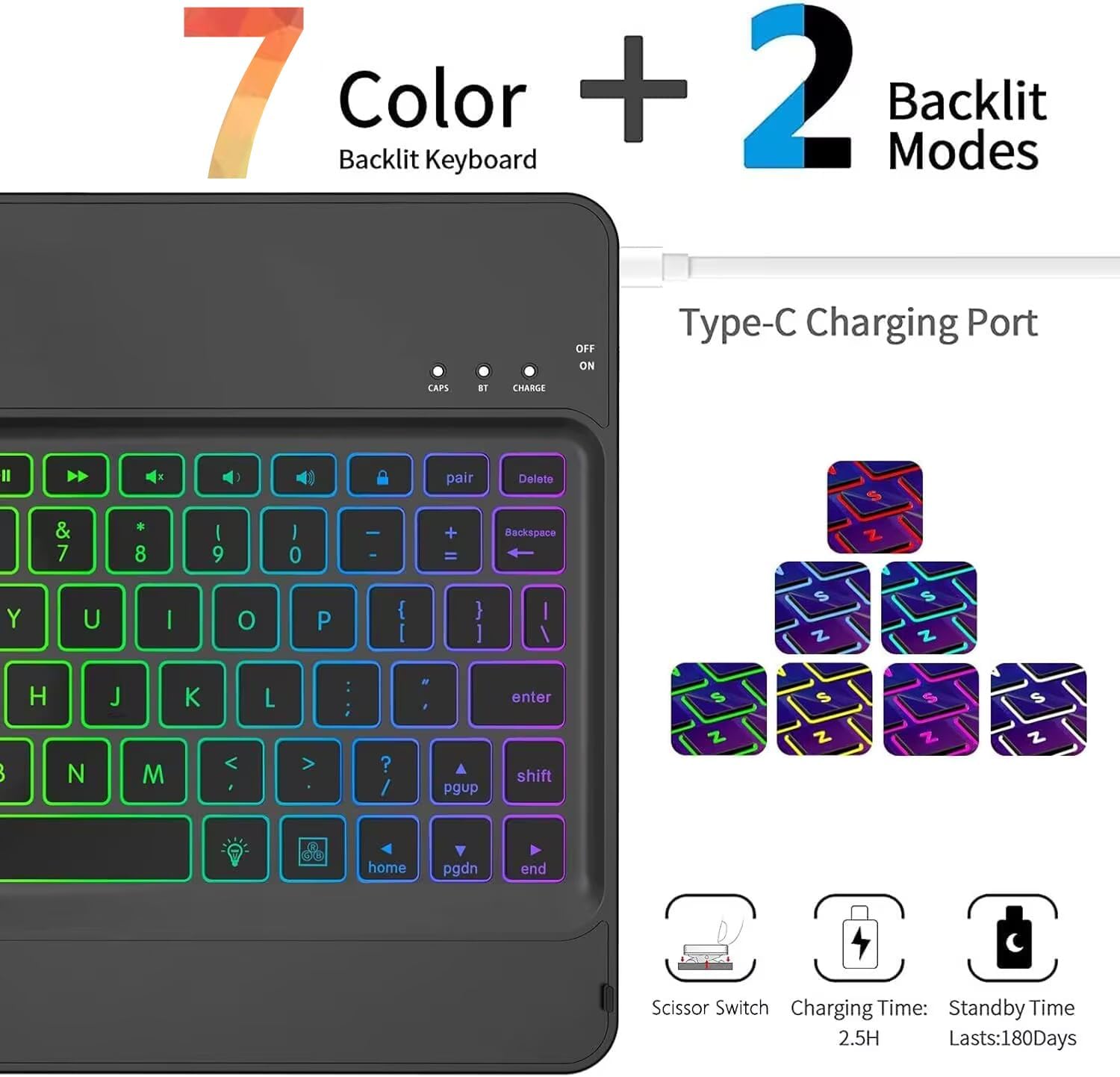 Keyboard Case for iPad 9th Generation,7 Color Backlight iPad Keyboard for 10.2-inch 9th /8th /7th /Air 3/Pro 10.5-inch,360° Rotatable Protective Cover with Apple Pencil Holder(Black) - Image 3