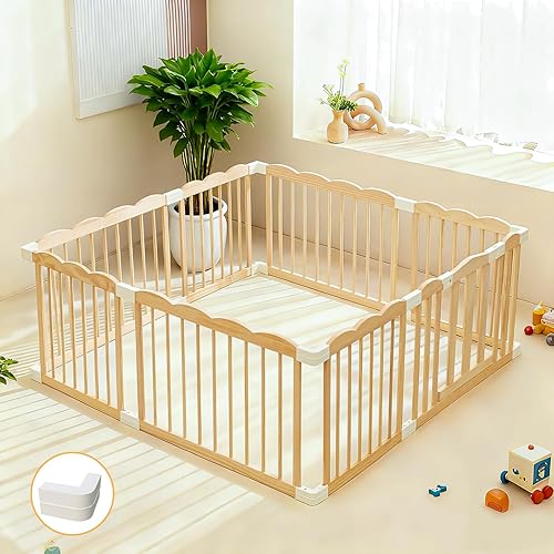 Corralito para bebés con diseño de ondas, centro de actividades para bebés de gran tamaño, forma ajustable, patio de juegos de madera, fácil de