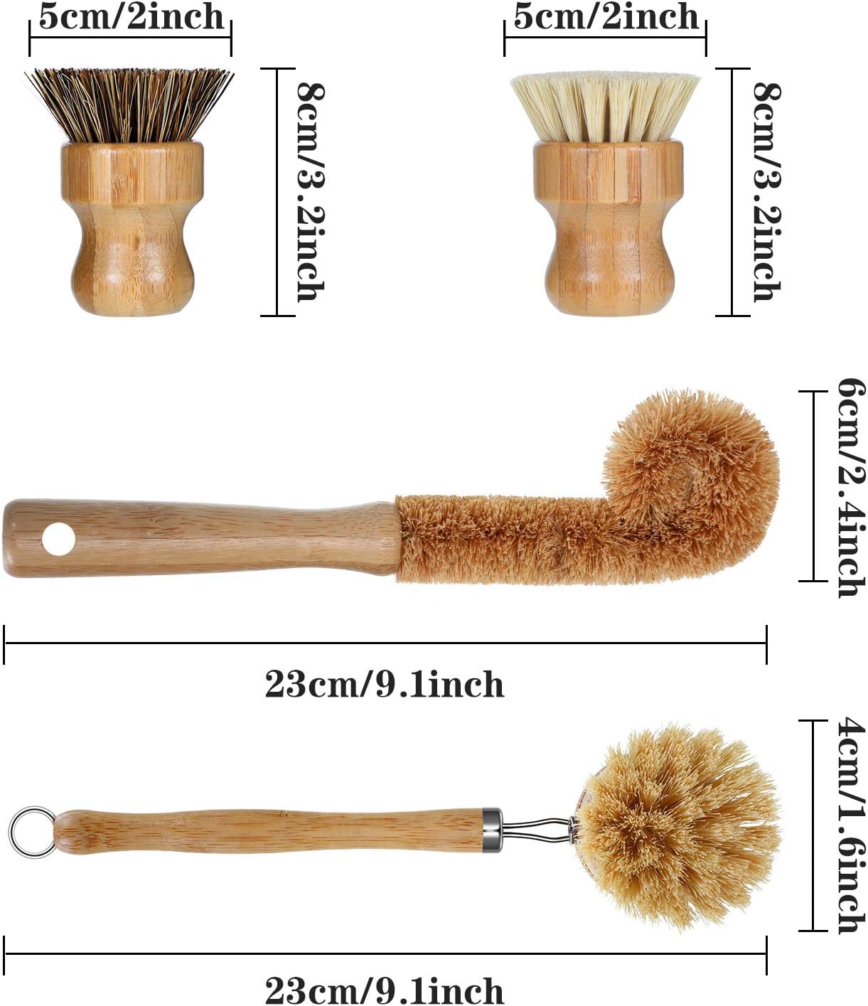 4 Pieces Bamboo Scrub Brush Mini Pot Brush Dish Scrubber Natural Scrub Brush with Handle for Cleaning Dishes, Pots, Pans
