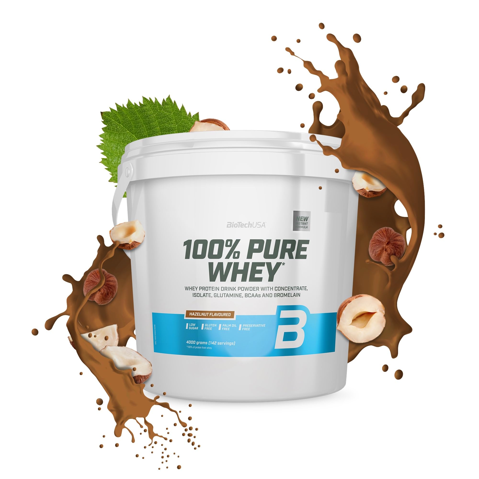 BioTechUSA100% Pure Whey | Protein Powder with BCAA and Glutamine | Gluten-Free, Palm Oil Free | 21g Protein per Serving, 4 kg, Hazelnut