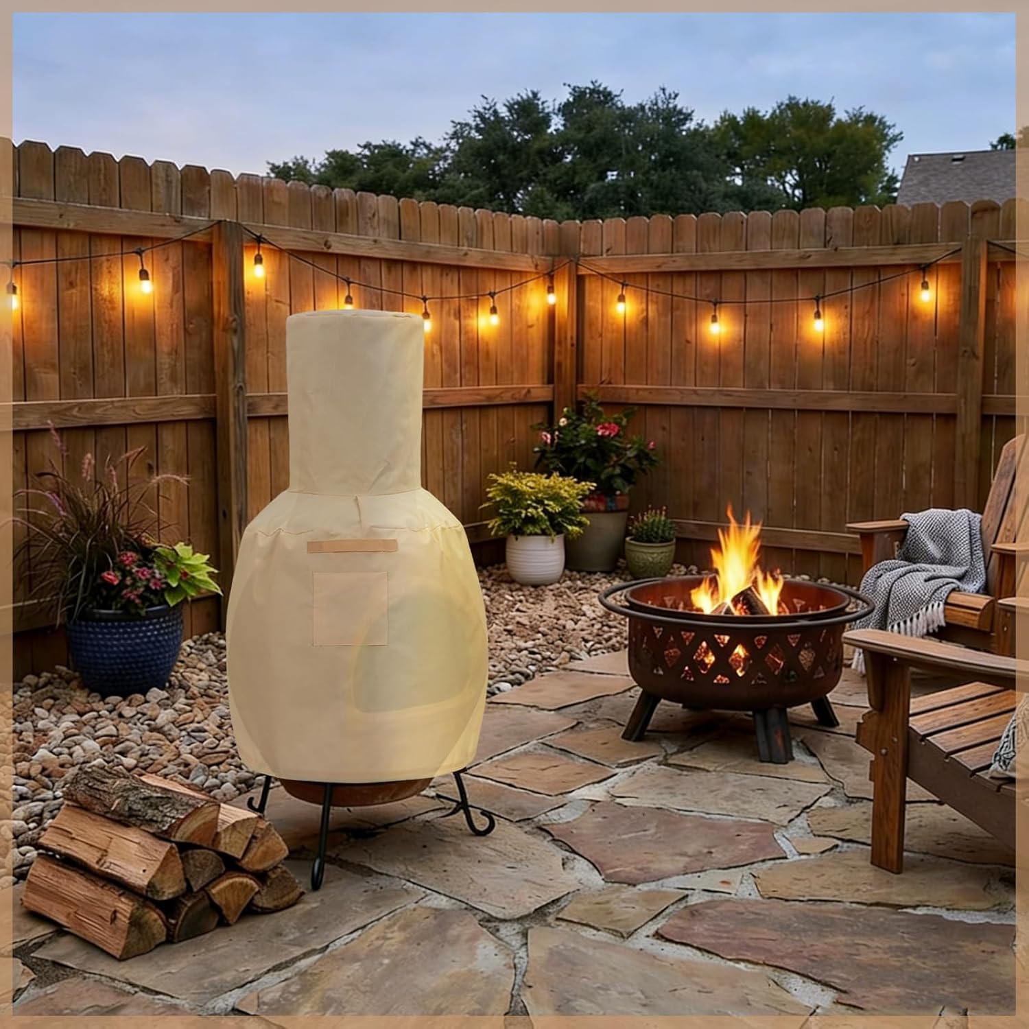 Chiminea Cover Outdoor Waterproof 600D Polyester Fire Pit Cover with Drawstring Weather-proof Heavy Duty Patio Chiminea Caps Outdoor Furniture Protection Defender(Brown)