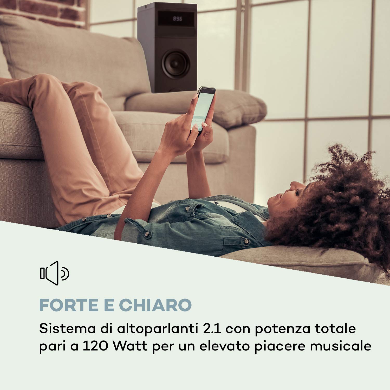 auna Karaboom 100 - Sistema di Altoparlanti 2.1, a Torre, Diffusore da Pavimento, 120 Watt max, BT, Porta USB 2 in 1, MP3, AUX-In, Supporto Tablet, Nero