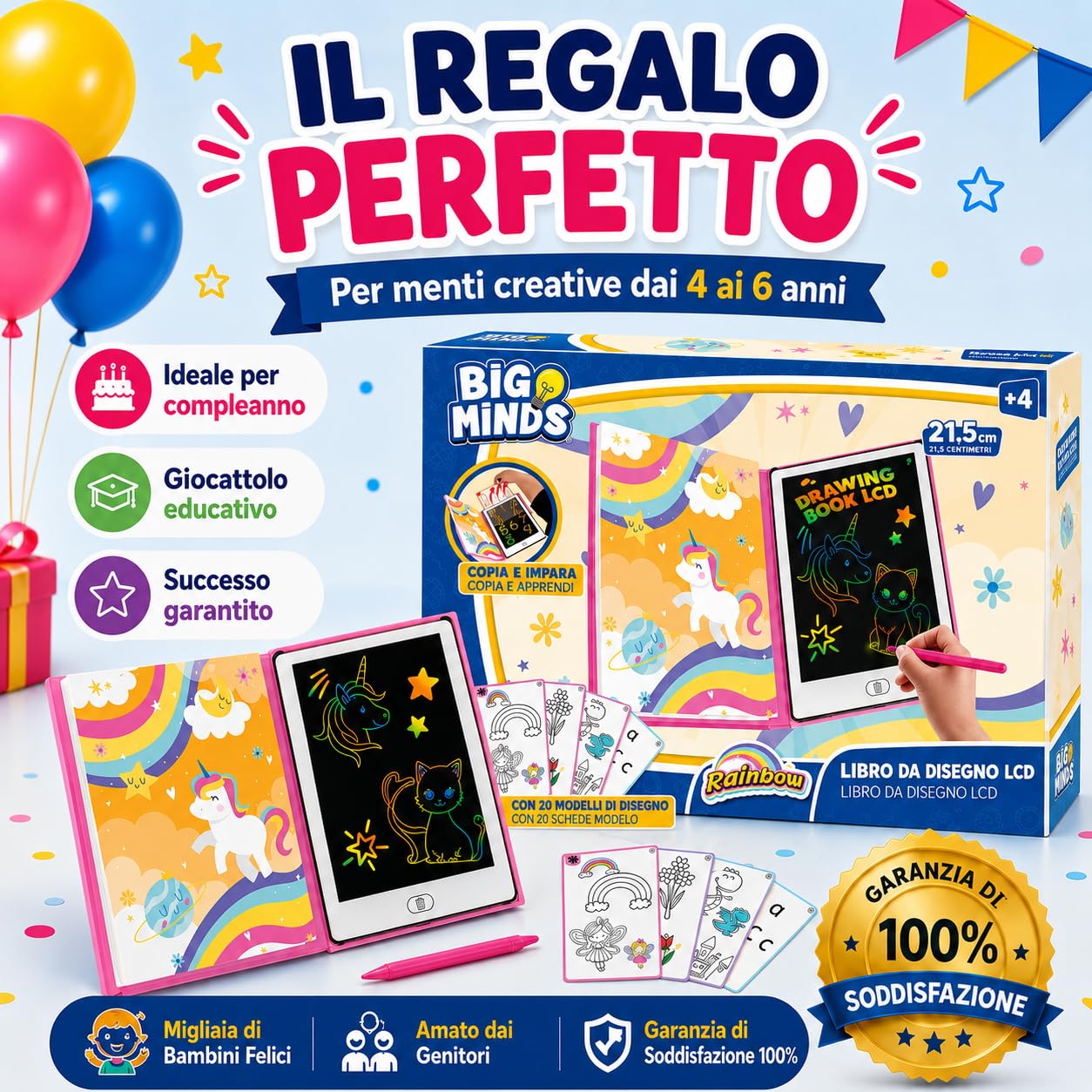 Big Minds - Tavoletta Grafica Bambini Rainbow LCD | Lavagna Per Bambini Formato Libro | Lavagnetta Cancellabile 20 Modelli Reversibili | Lavagna Magica Per Bambinii | Giochi Bambina 4 Anni